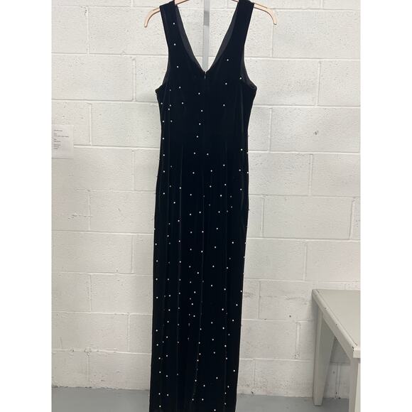 Eva Franco Sz 10 Black Velvet Pearl Embellished Wide Leg V-Neck Party Jumpsuit - Picture 5 of 6